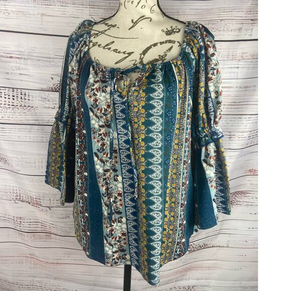 Chenault Boho Blouse Top Womens M Scoop Tie Neck Bell Sleeves Paisley Colorful - Picture 1 of 11